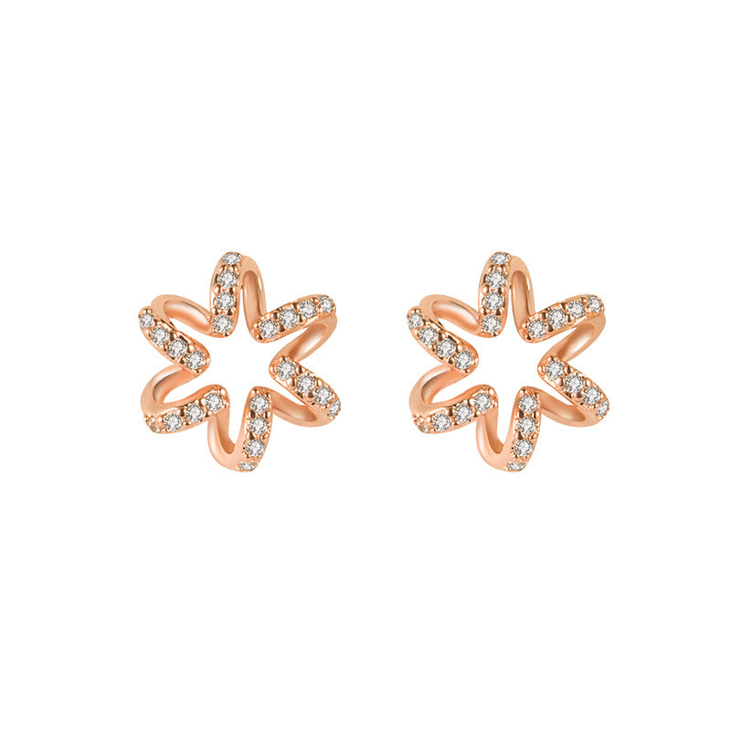 Korean Live Broadcast Hexapetalous Flowers Rose Gold Full Diamond Flower Earrings