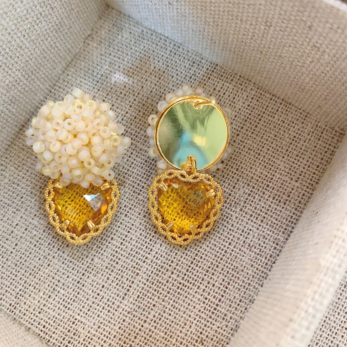 Handmade Beaded Flower Fresh Gentle Yellow Heart Earrings