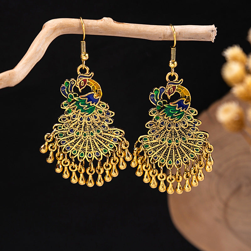 Style Peacock Golden Bell Tassel Bohemian Earrings