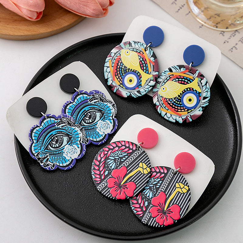 Sier Needle Creative Fun Eyes Boucles d'oreilles en acrylique de couleur contrastée