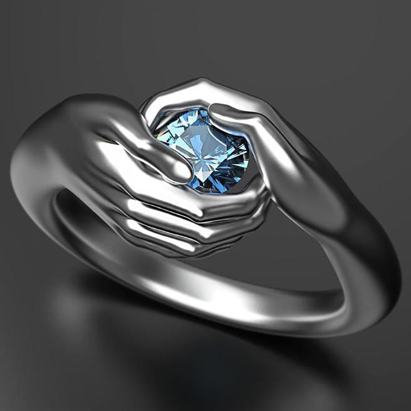 European Fashion Hands Hugging Sapphire Inlaid Ring