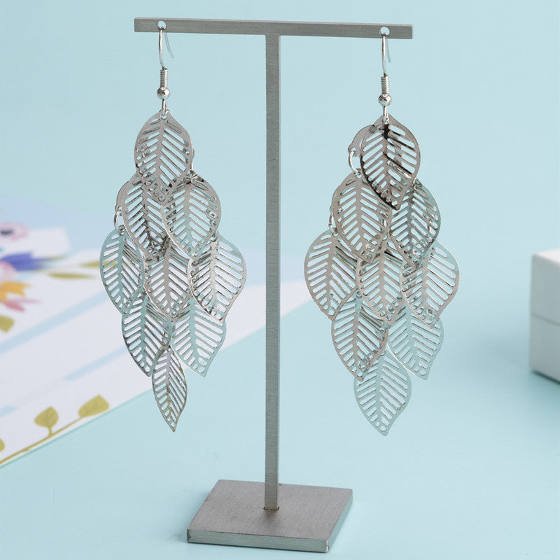 Simple Gold And Sier Hollow Leaves Earrings