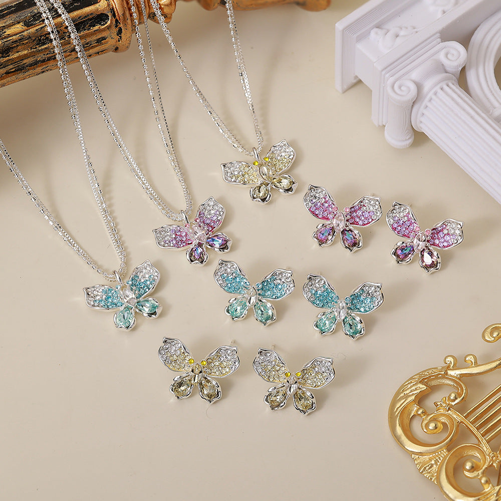Women's Sparkling Full Rhinestone Zircon Butterfly Bow Light Luxury High Fashion Jewelry Set