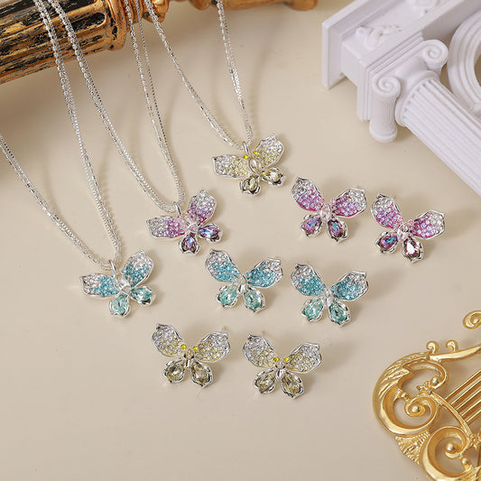 Women's Sparkling Full Rhinestone Zircon Butterfly Bow Light Luxury High Fashion Jewelry Set