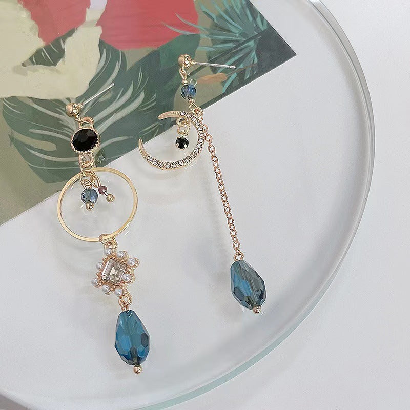 Water Drop Moon Blue Shiny Diamond Tassel Rings
