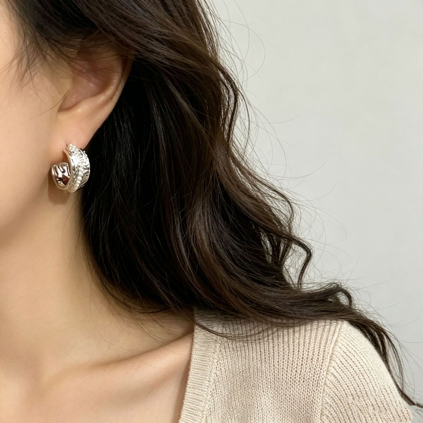 Copper Plated Gold Pleated Texture Irregular Small Beads Female Earrings