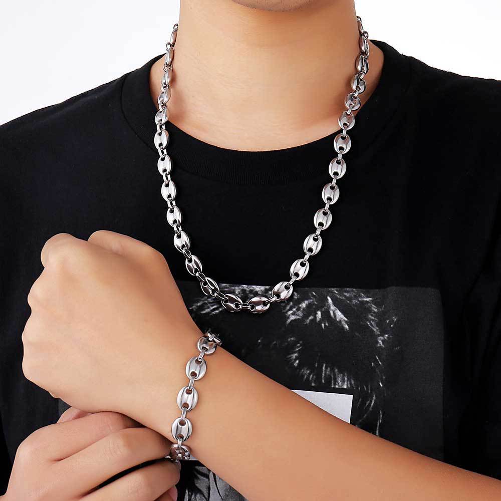 Men's Coffee Bean Hip Hop Gold Titanium Steel Lobster Buckle Stainless Jewelry Set