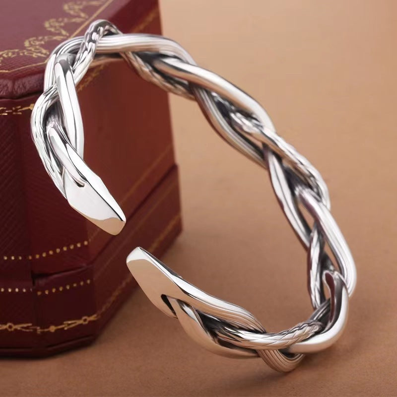 Sier Retro Three-strand Twist Simple Light Luxury Distressed Versatile Opening Bracelets
