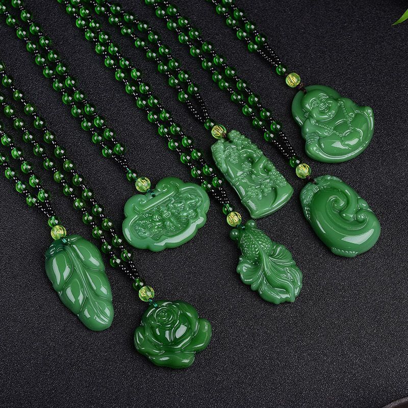 Green Jade Goddess Buddha Hand Maitreya Sweater Chain Safety Buckle Necklaces