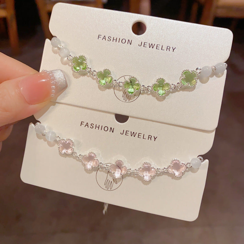 Sier Four-leaf Flower Glass Zircon Opal Temperament Entry Lux Simple Bracelets
