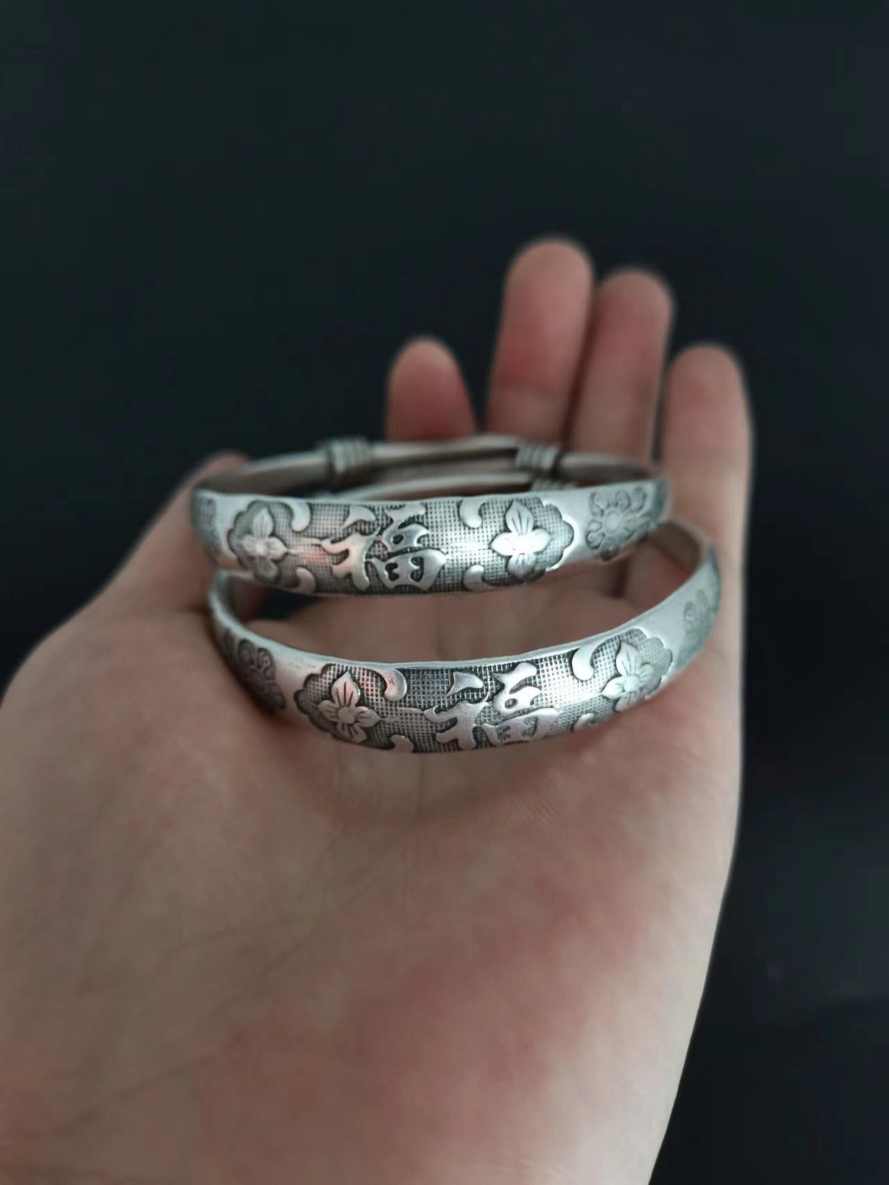 Tibetan Sier Miao Vintage Ethnic Style Fu Lu Shou Plated Bracelet