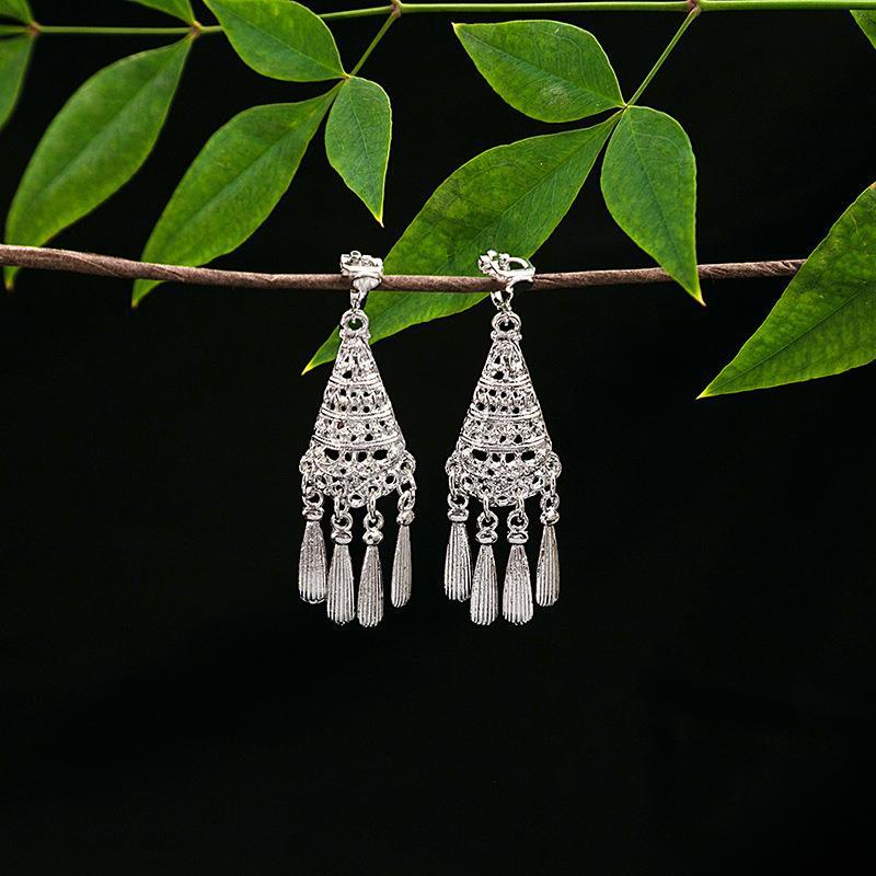 Women's Ethnic Geometric Tassel Ear Clip Miao Sier Retro Elegant Earrings