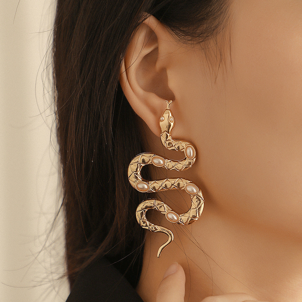 Boucles d'oreilles froides serpent exagérées en métal, ornement à la mode