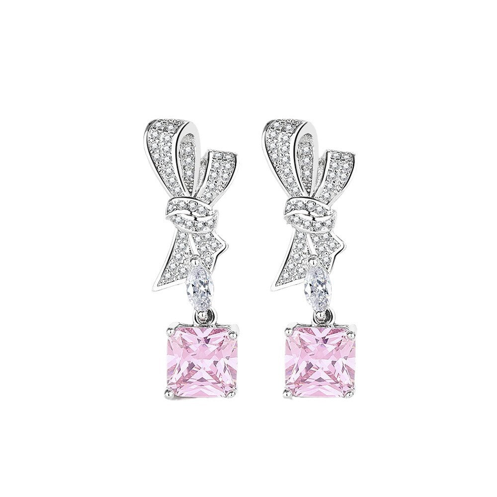 Women's Full Diamond Bow Ear Tassel Exquisite Pink Earrings