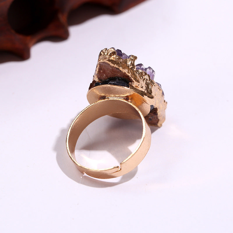 Amethyst Cluster Electroplated Golden Open-end Crystal Tooth Ring