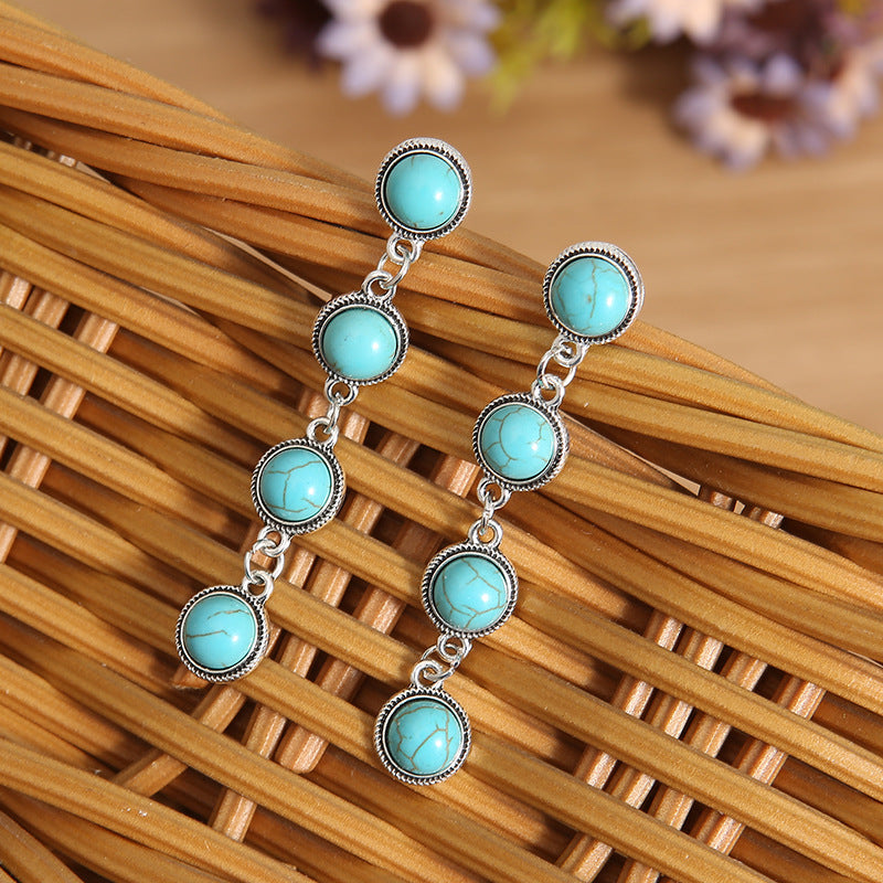 Round Long Eardrops Ear Turquoise Tassel Simple Rings