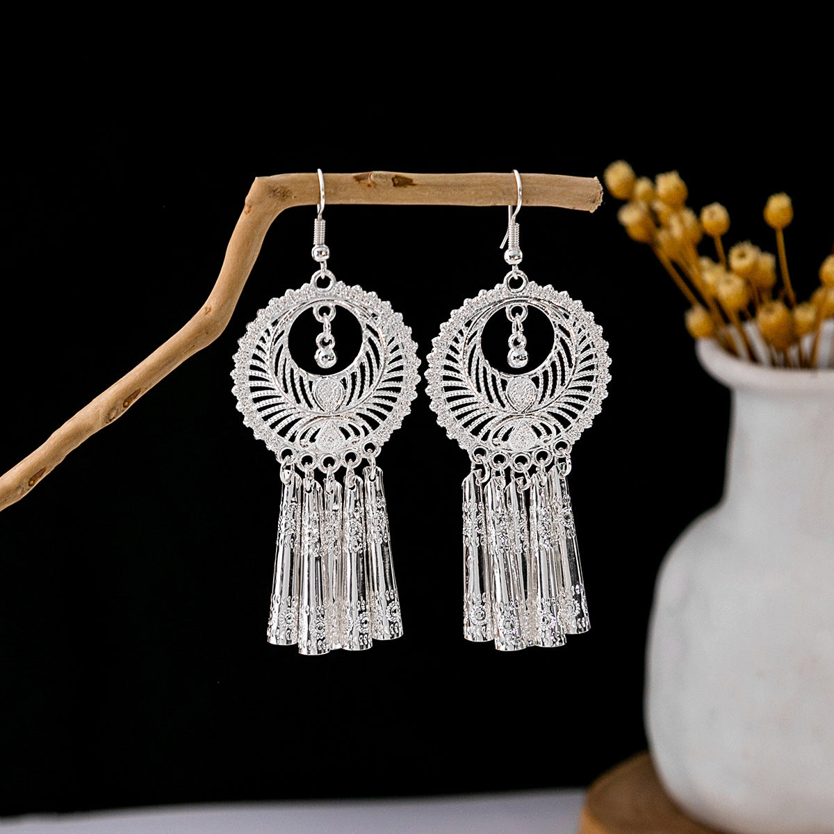 Sier Minority Ethnic Style Personalized Bohemian Flower Earrings