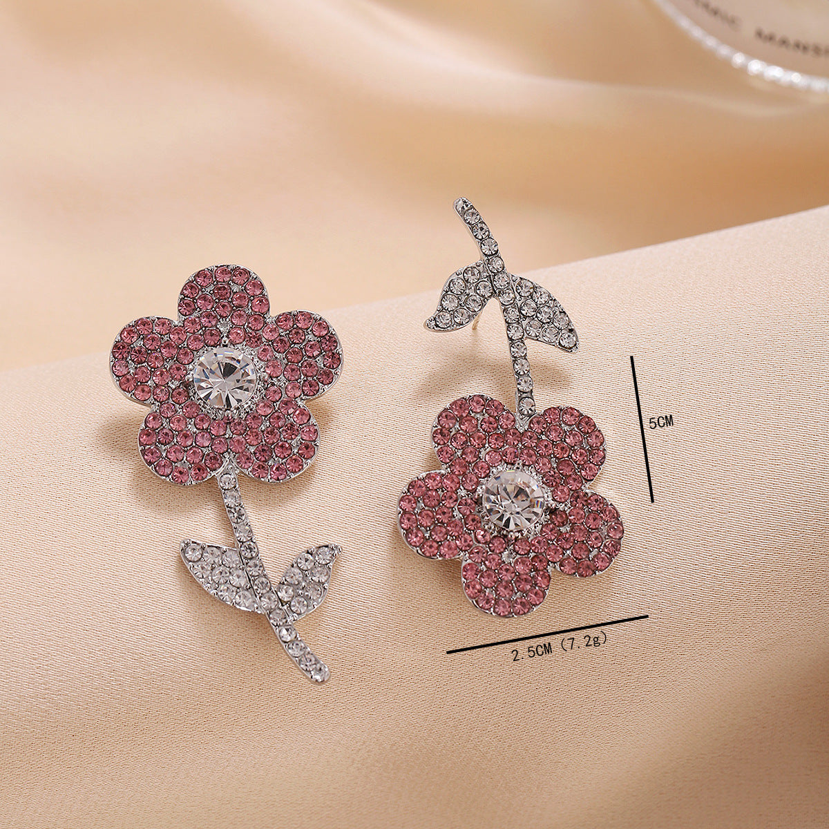 Flower Sier Needle Asymmetric Diamond Graceful Earrings