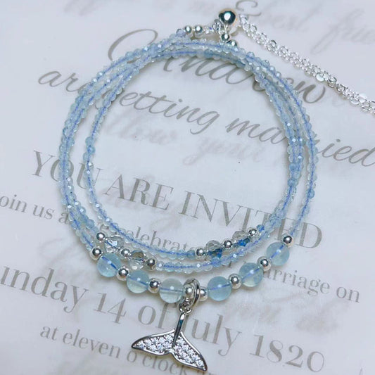 Natural Crystal Sea Blue Cut Three Circles Round Beads Fishtail Bracelet