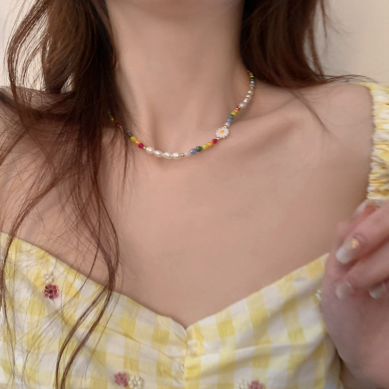 Dopamine Colorful Daisy Flower Pearl Female Summer Necklace