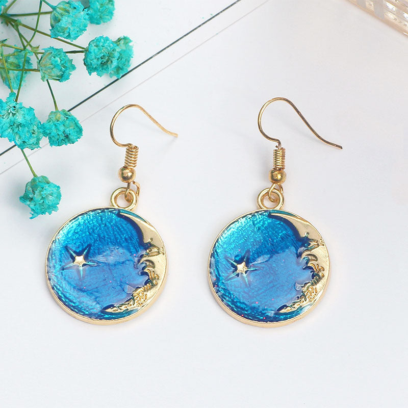 Heart Asymmetric Fresh Blue Starry Moon Earrings