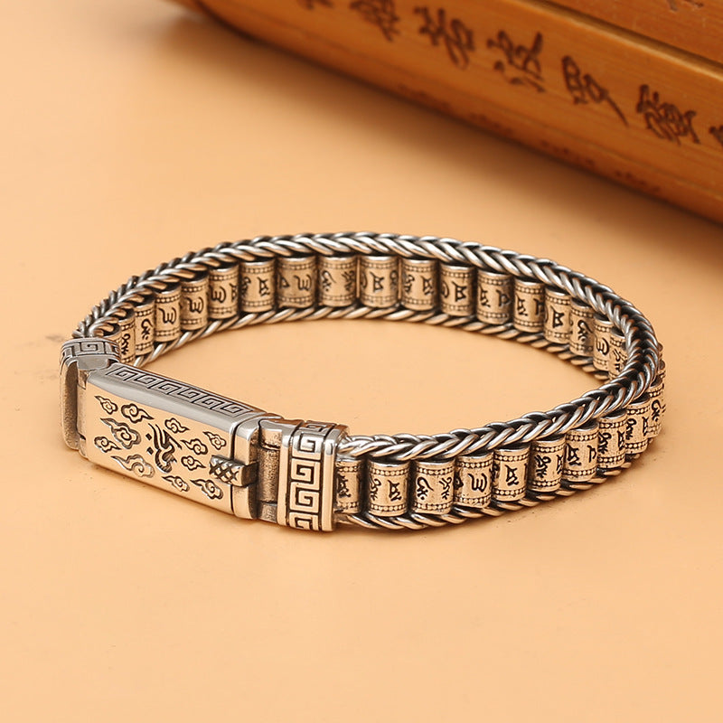 Men's Right Rain Hand-woven Mantra Roller Sier Bracelets