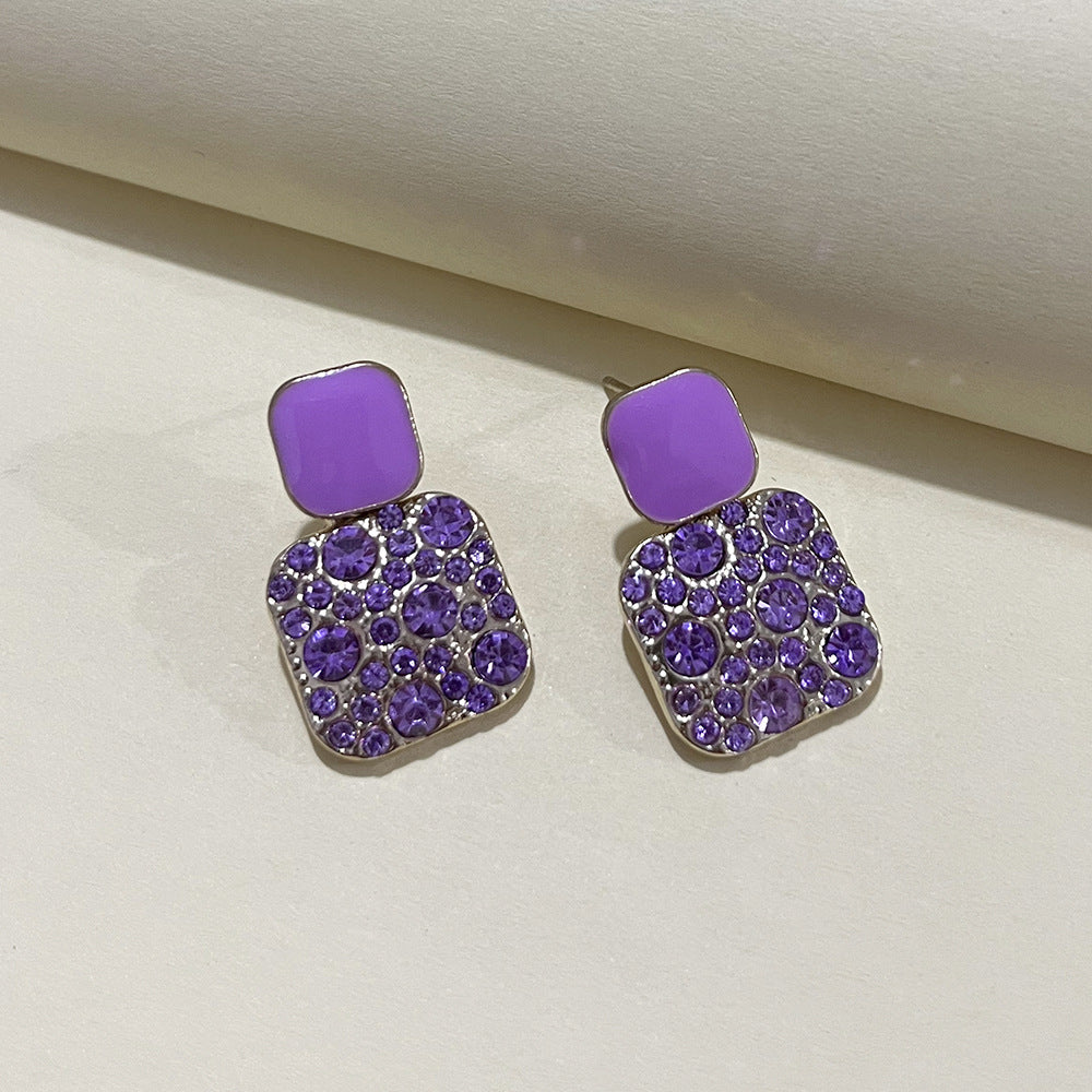 Square Alloy Oil Dripping Purple Full Diamond Elegant Ear Earrings