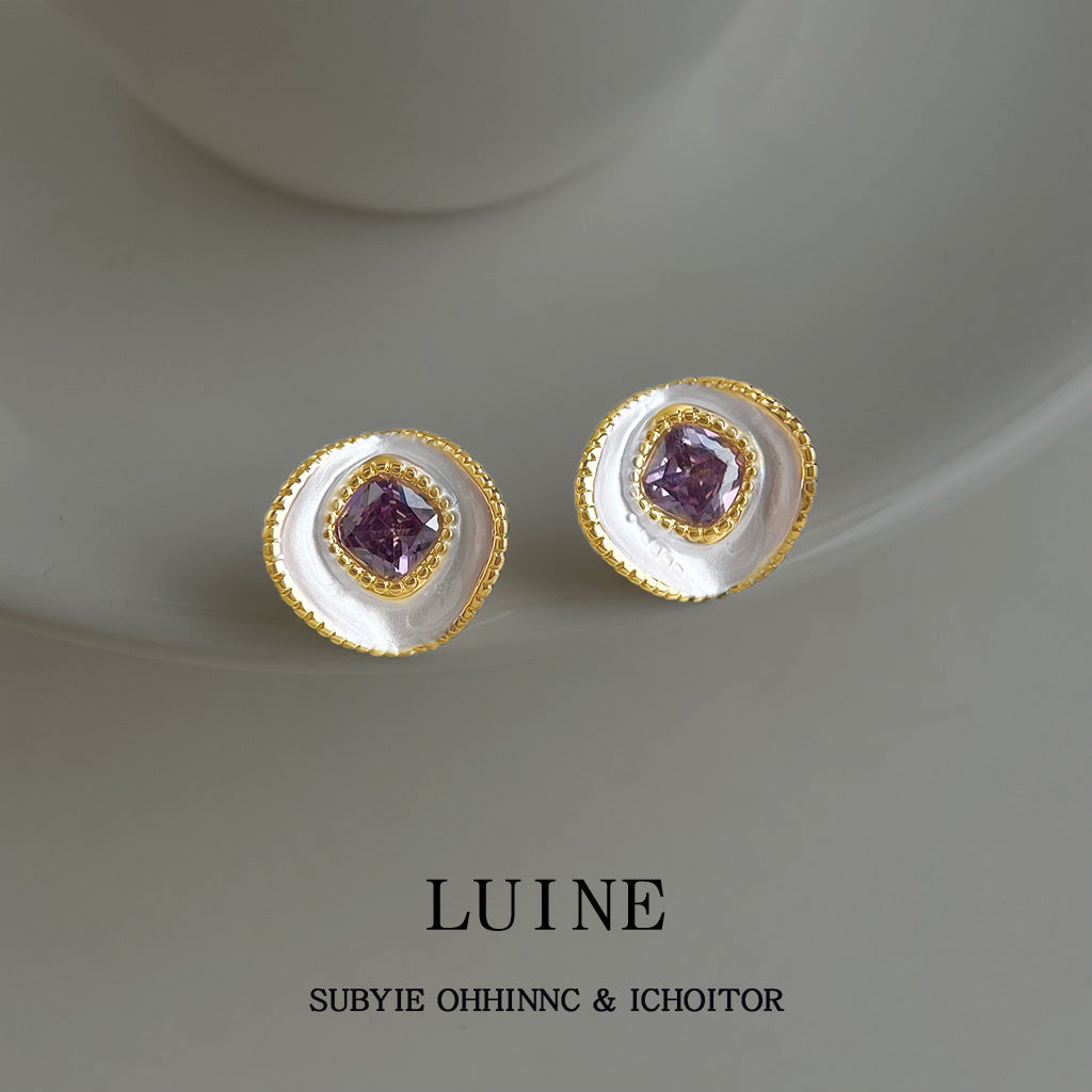 Women's Fashionable High-grade Inlaid Zircon Purple Elegant Geometric Curved Surface Round Stud Earrings