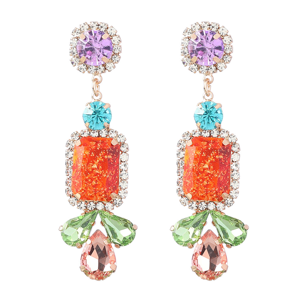 Boucles d'oreilles géométriques en alliage de série de diamants colorés élégants pour femmes