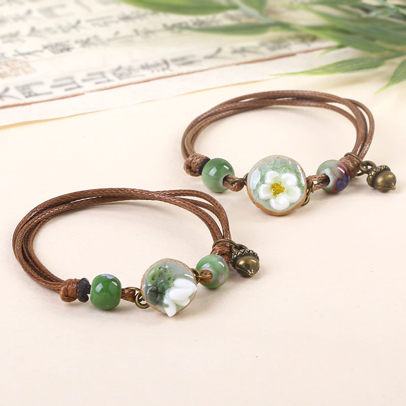Women's Ceramic Flower Woven Ethnic Artistic Carrying Bracelet
