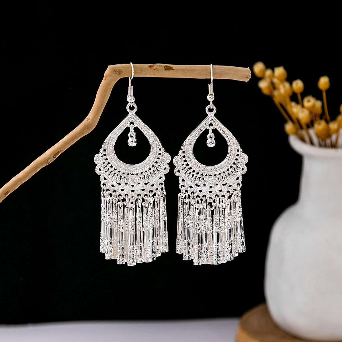 Sier Minority Ethnic Style Personalized Bohemian Flower Earrings