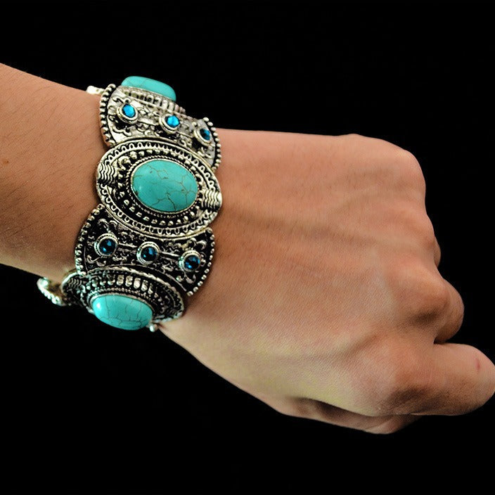 Fashion Retro Textured Hollow Inlaid Turquoise Bracelets