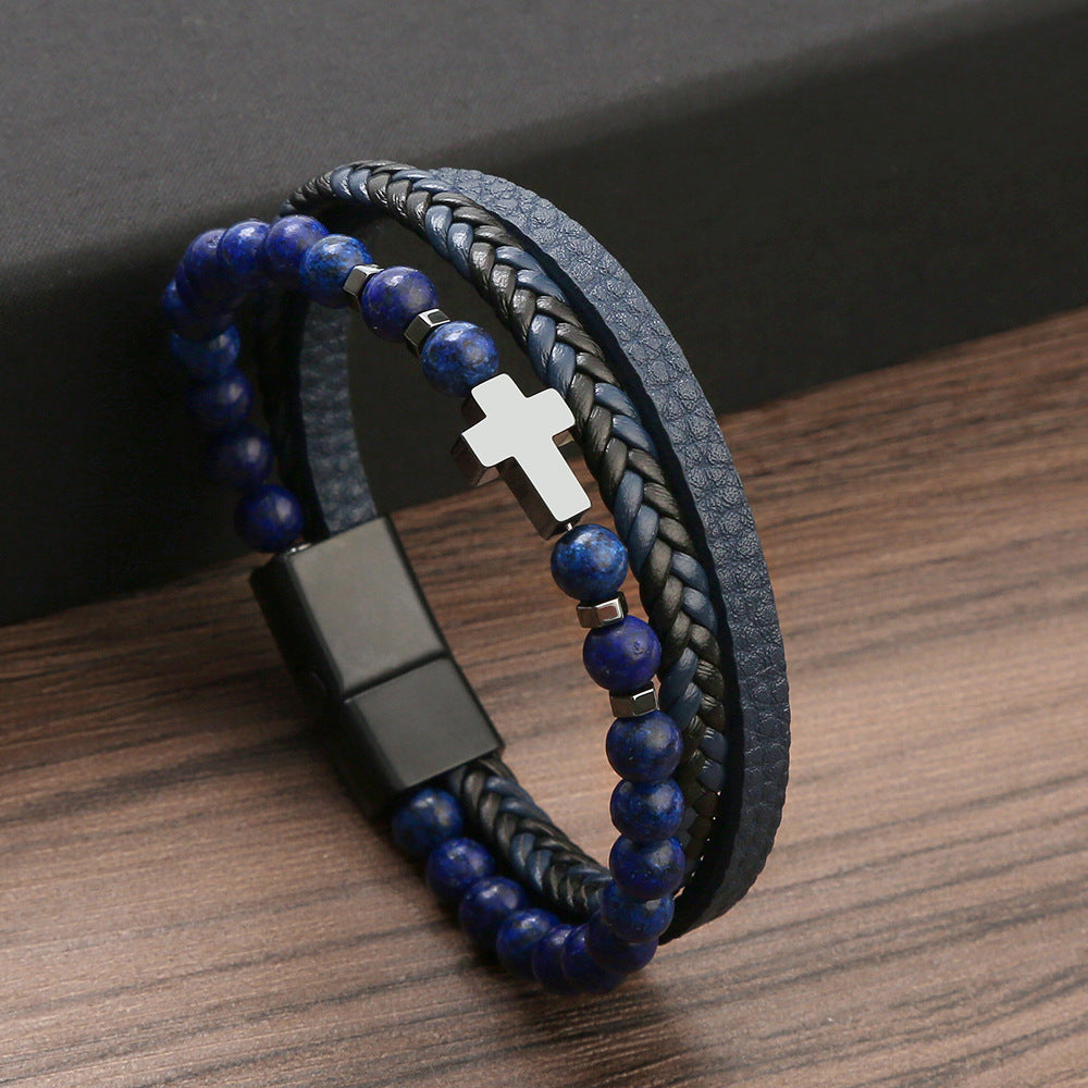 Men's Natural Stone Stainless Steel Tigereye Cross Bracelets