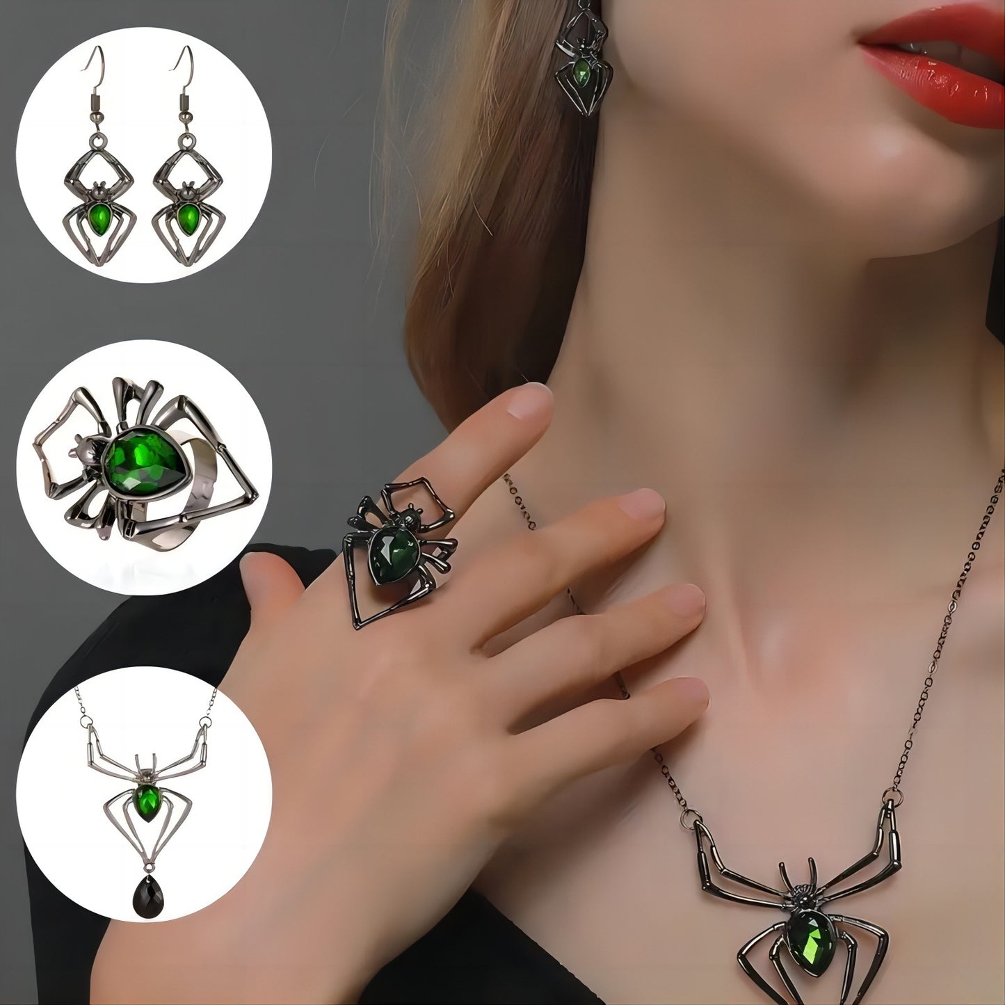 Halloween Three-piece Spider Retro Emerald Suit Jewelry Set