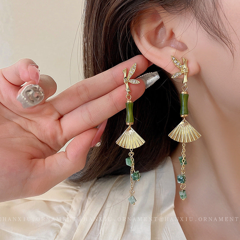 Women's Sier Needle Bamboo Fan-shaped Tassel Chinese Earrings