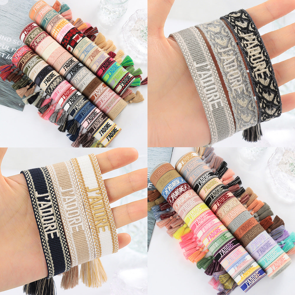 Women's Embroidered Letter Ribbon Carrying Strap Hand Bracelets