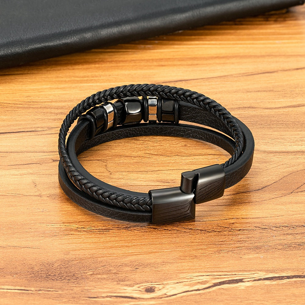 Men's Lion's Head Stainless Steel Authentic Leather Weave Bracelet