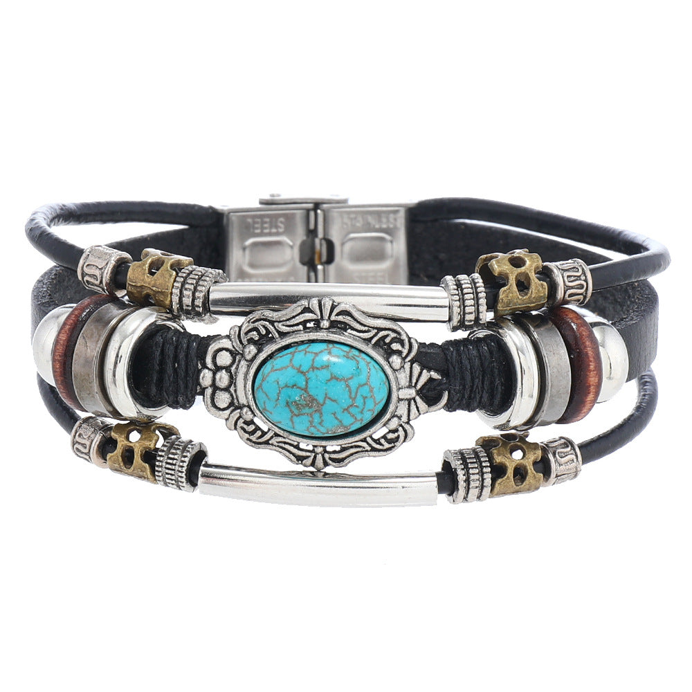 Herren-Armbänder aus türkisfarbenem Leder mit Perlen im Bohemia-Stil und Edelstahl