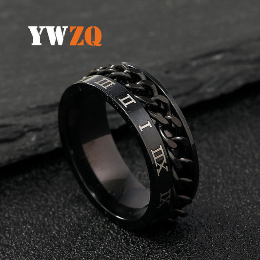 Men's Atmospheric Stainless Steel Ornament Marking Roman Characters Rotatable Rings