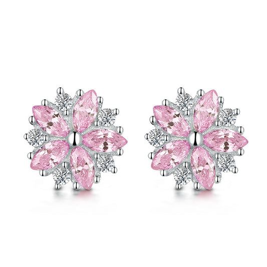 Sier Needle Horse Eye Pink Zircon Flower Earrings