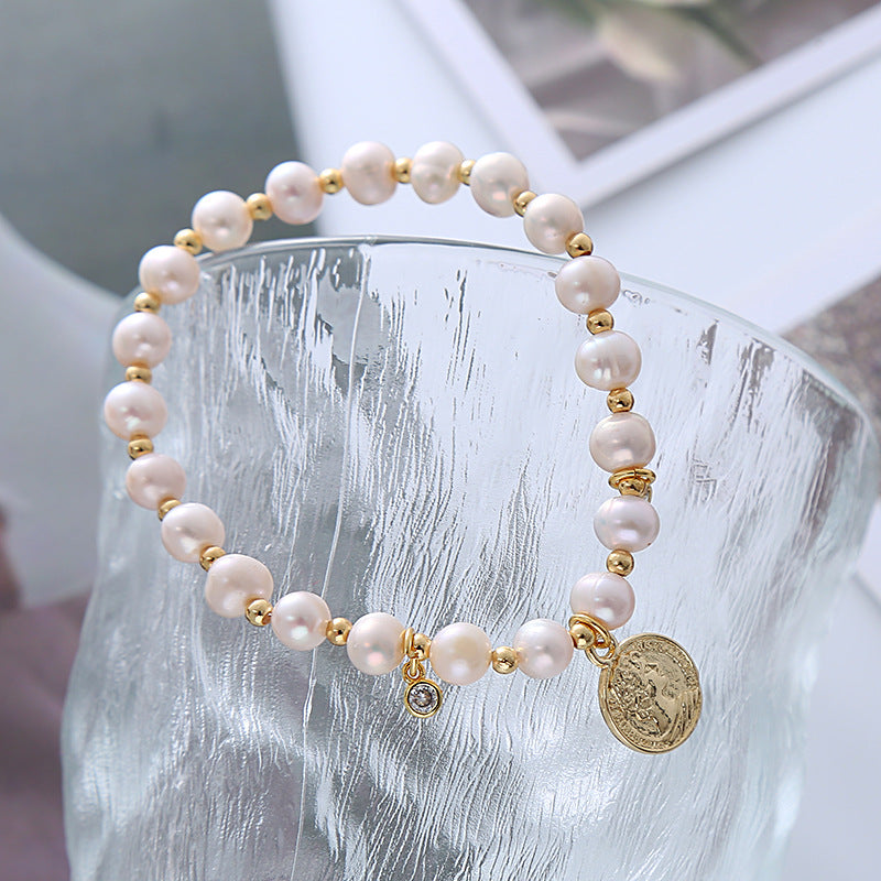 Pearl Metal Portrait Coin Zircon Simple Personality Bracelets