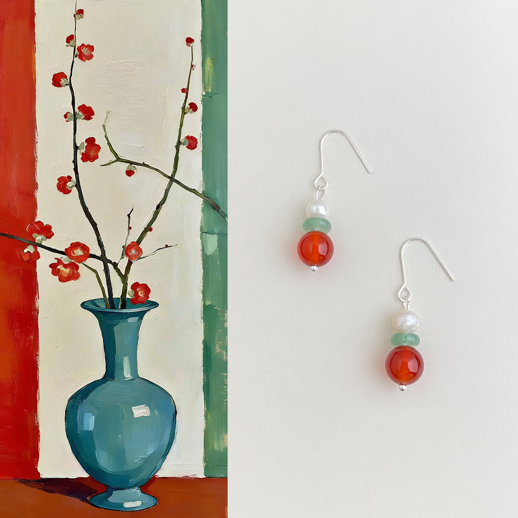 Women's Chinese Style Natural Red Agate Freshwater Stringed Pearls Artistic Vintage Earrings