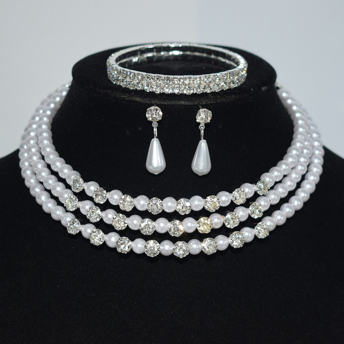 Pearl Diamond Collar Bridal Rhinestone Three-piece Jewelry Set