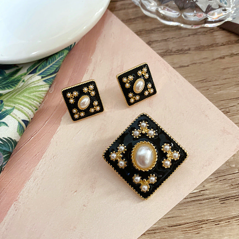 Women's Middle Ancient Drip Glazed Enamel Pearl Brooch French Sier Needle Stud Earrings