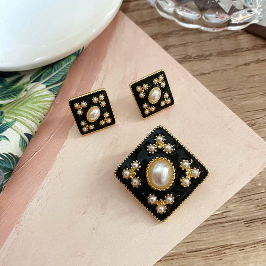 Women's Middle Ancient Drip Glazed Enamel Pearl Brooch French Sier Needle Stud Earrings