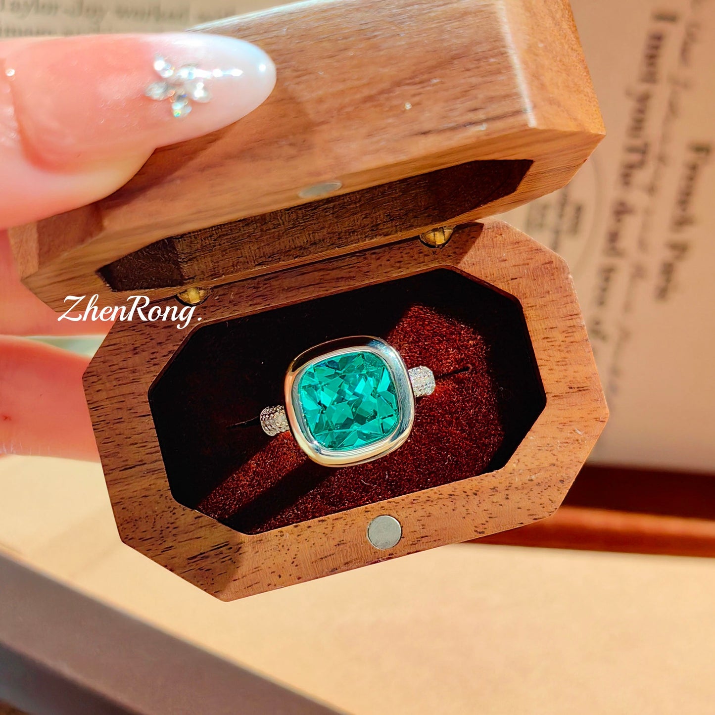 Women's Luxury French Small Square Sugar Cube Ear Aquamarine Plump Rose-red Jewelry Set