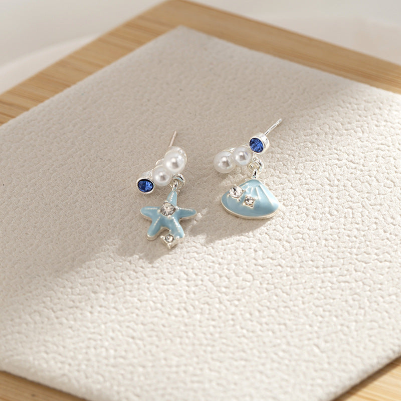 Women's Blue Starfish Shell Asymmetric Small Versatile Exquisite Fresh Mosquito Coil Rings