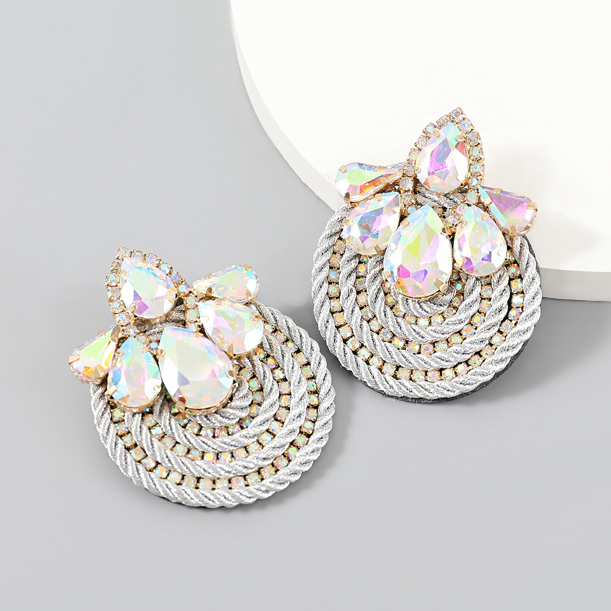 Women's Alloy Diamond Drop-shaped Glass Drill Polyester Filament Woven Round Earrings