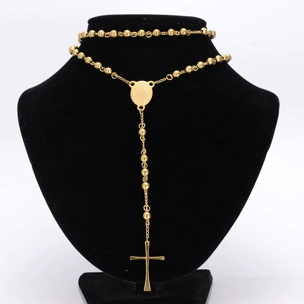 Women's & Men's Gold-plated Round Cross Portrait Stainless Steel Trendy Rosary Necklaces