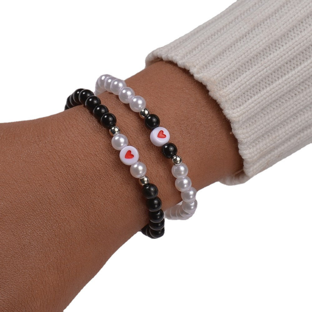 Fashion Couple Pearl Obsidian Beaded Love Bracelets